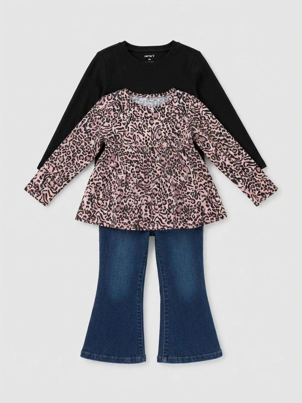 Toddler Girls 4T lot long sleeve black & leopard print tunic & flare jeans